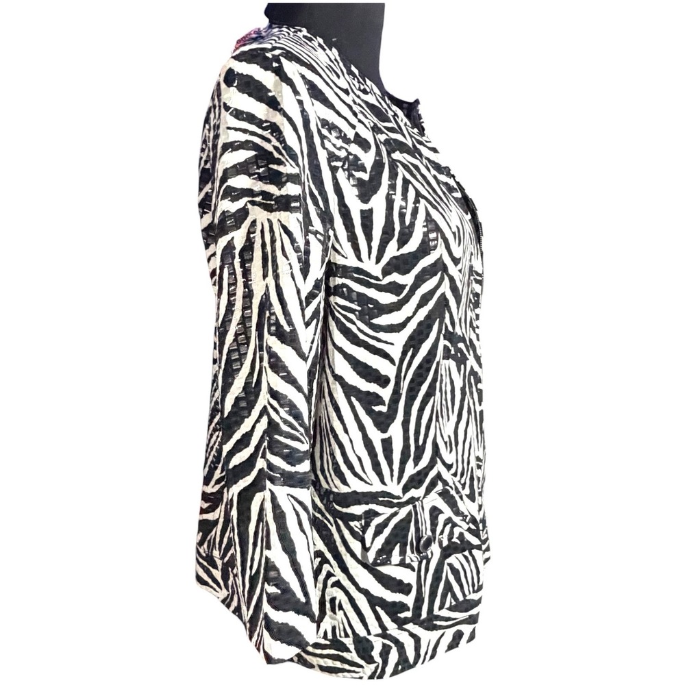 Elementz Womens Zebra Print Zip Up Jacket Black White 3/4 Sleeve Large Sequinss - Picture 4 of 11